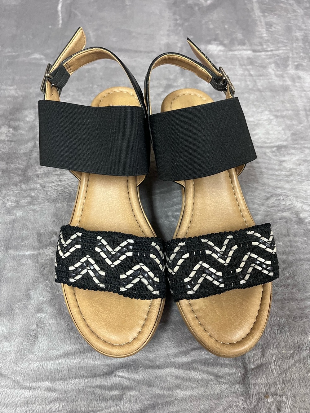 easy street Black and Tan Braided Front Strap Slingback Sandals